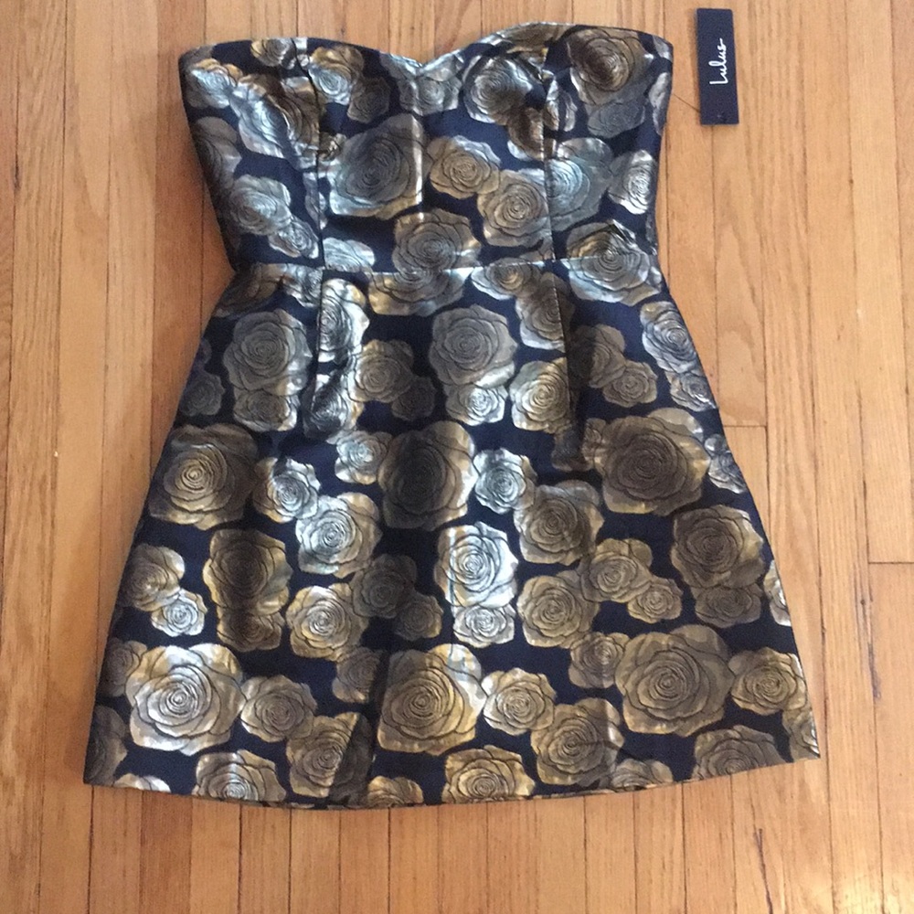 Lulus Black and Gold Jacquard Strapless Dress